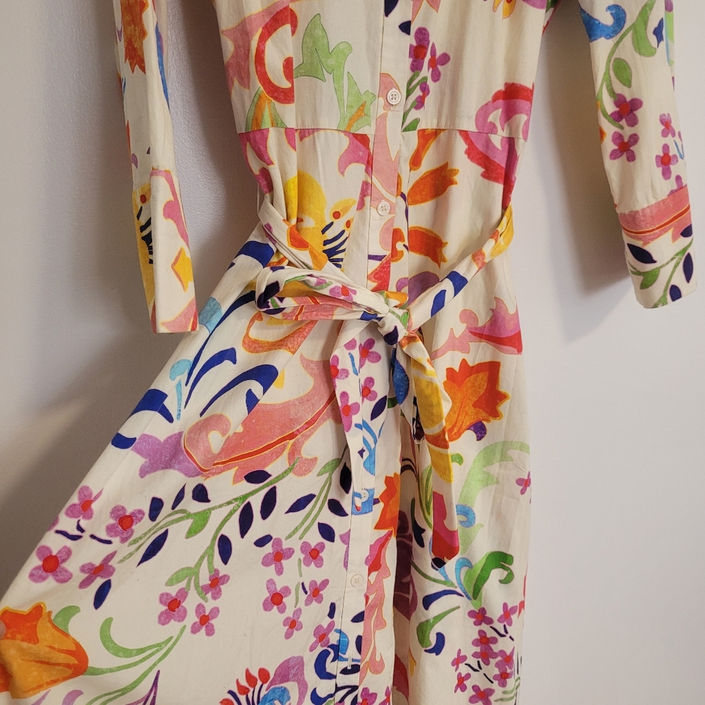 Zara Floral Midi Shirt Dress Long Sleeve Size S Tie Belt Watercolor Flowers - Picture 7 of 14